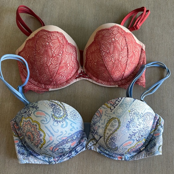 Victoria's Secret very sexy multi-way mauve Lace and Blue Paisley Bra Set 32d - Picture 1 of 7
